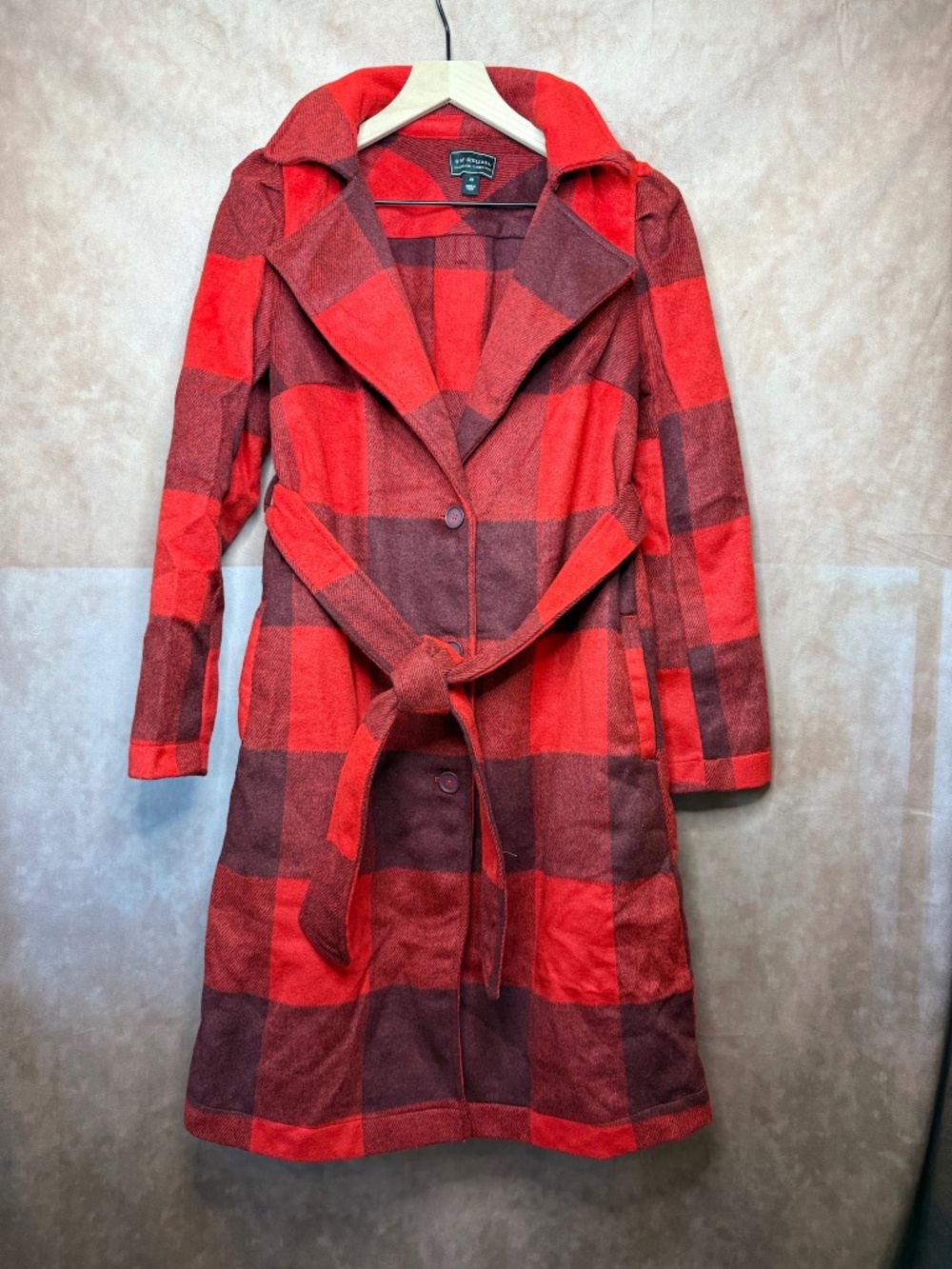 G by Giuliana Black Label Red Plaid Wool Blend Trench Coat Belted Jacket New